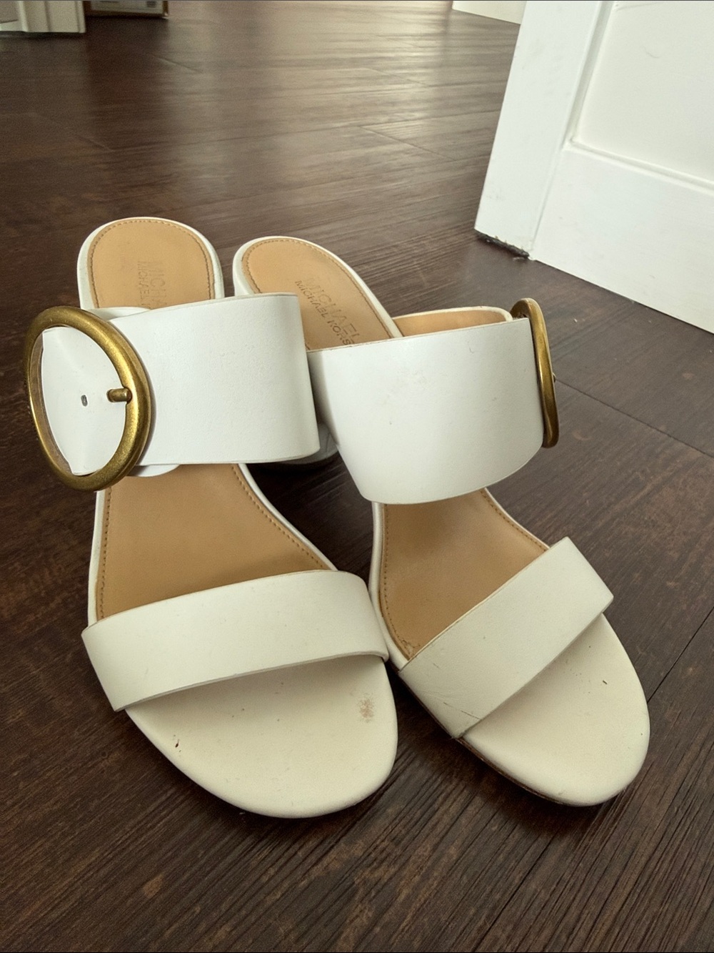 Michael Kors White Slide Mules with Gold Buckle